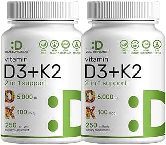 DEAL SUPPLEMENT 2 Pack Vitamin D3 K2 Softgel, 360 Counts, 2-1 Complex, Vitamin D3 5000 IU & Vitamin K2 MK7, Promotes Heart, Bone & Teeth Health - Very Easy to Swallow