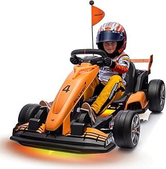 24V Kids Electric Go Kart, Licensed McLaren F1 Drift Kart Car with Dual 200W Motors, Adjustable Seat, 6 Safety Upgrades, CVT Speed Mode, Anti-Skid Tires & LED Lights for Ages 6-12 (Orange)