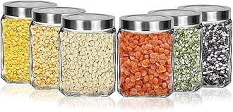 - Vency Piramal Glass Cubical Square Transparent Glass Jars & Containers for Kitchen Pantry, Snacks, Masala, Jams, Pickles, Cookies, Dry Fruits, Coffee Beans Storage with Lid (600ml, Set Of 6)