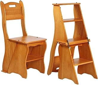 Wooden Folding Library Ladder Chair,2 in 1 Lightweight Portable Multifunctional Step Stool, 4-Step Stool Dual Purpose Stepladders, Display Stand and Flower Stand for Home(Light Walnut)