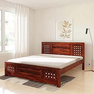 Wooden Modern Queen Size Bed Without Storage | Wooden Double Bed Cot Bed for Bedroom Furniture | Palang Double Bed for Hotels | Solid Sheesham Wood, Honey Finish