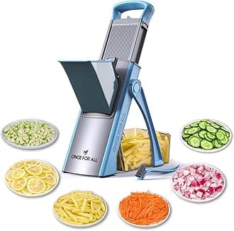ONCE FOR ALL Safe Mandoline Slicer 5 in 1 Vegetable Chopper Food Potato Cutter, Strips Julienne Dicer Adjustable Thickness 0.1-8 mm Kitchen Chopping Artifact Fast Meal Prep (Upgrade -Blue)