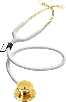 MDF Instruments, MD One Stainless Steel Stethoscope, Adult, White Tube, Gold Chestpieces-Headset, MDF777K29