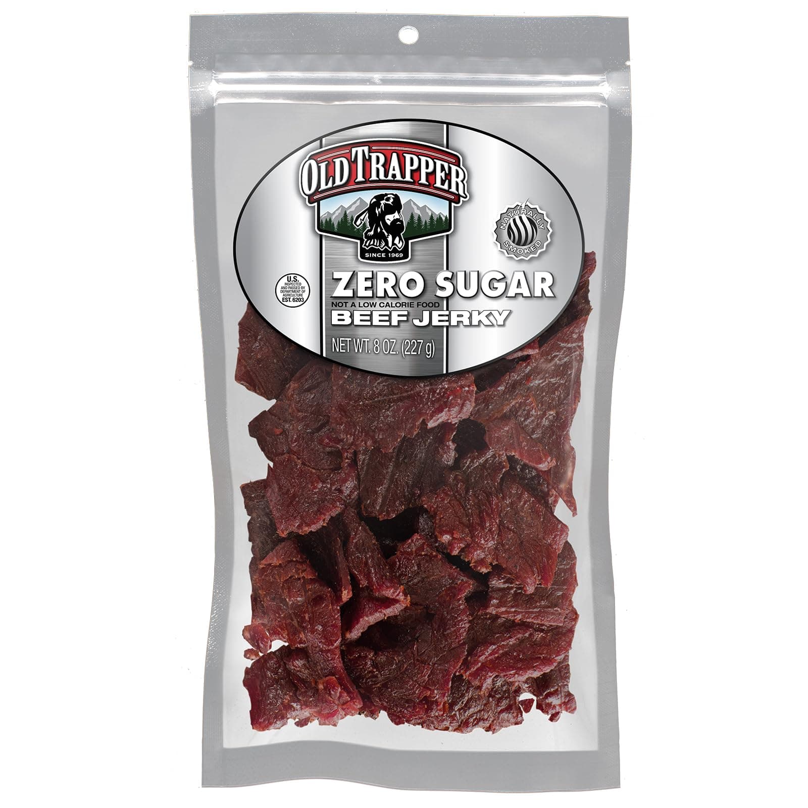 Old Trapper Zero Sugar Beef Jerky, Eight-Ounce Individual Package, Natural Wood Smoked Keto-Friendly Snack, 14 Grams of Protein, 70 Calories, and Zero Sugar Per Serving (Pack of One)