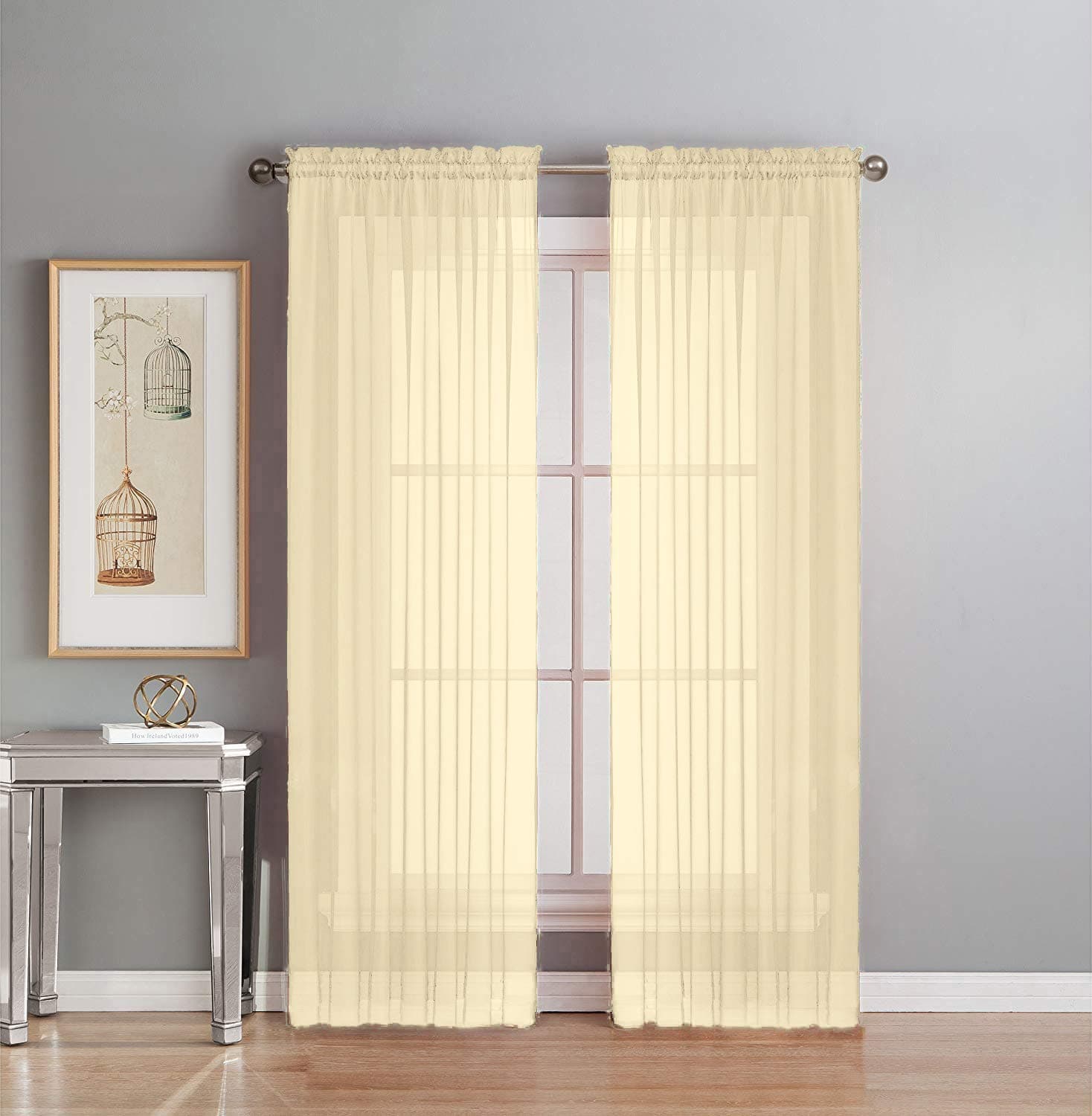 Interior Trends 2 Piece Fully Stitched Sheer Voile Window Panel Curtain Drape Set (84" Long, Beige)