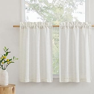 RYB HOME Linen Sheer Valances for Windows, Home Decor Light Filtering Rod Pocket Privacy Semi Sheer Ties for Bedroom Cafe Kitchen, W34 x L24 inches, Linen, 2 Panels
