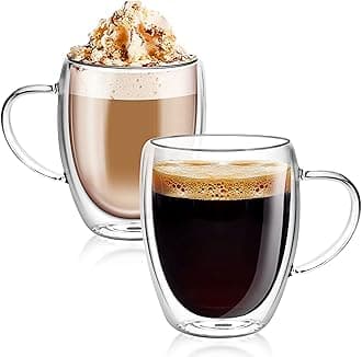 Top-spring Double Walled Glass Coffee Cups, Insulated Latte Glasses Mugs Set of 2, Mug Tea Cups with Handles, Heat Resistant, 350ml Cappuccino Espresso Cup (Clear)