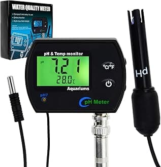 PH & Temperature 2-in-1 Continuous Monitor Meter w/Backlight Replaceable Electrode, Dual Display 0.00~14.00pH °C/ °F Water Quality Monitoring Kit, for Aquariums Hydroponics Pools Tanks Spa