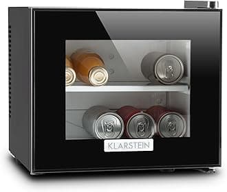 Klarstein Frosty Mini Fridge Refrigerator-Cooler,Cheese Fridge, 10 litres, 65W, EEC B, Removable Glass Trey, LED Lighting Space-Saving,Temperature Range Between 10 and 18 °C, Black, Transparent Door