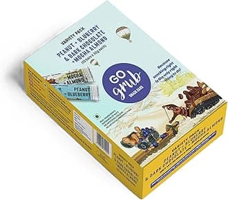 Go Grub - Variety Box | 5 Mocha Almond+ 5 Peanut Blueberry Bars | Crunchy Energy Bars with Peanuts, Real Almonds & Berries | No Preservative | 100% Vegetarian | Healthy Snack | Pack of 10