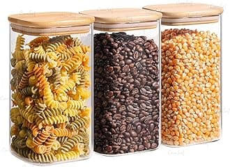 ComSaf Airtight Glass Storage Canister with Wooden Lid - Square Kitchen Storage for Nuts, Coffee, Flour, Rice, Sugar, Tea (1500ml, Set of 3)
