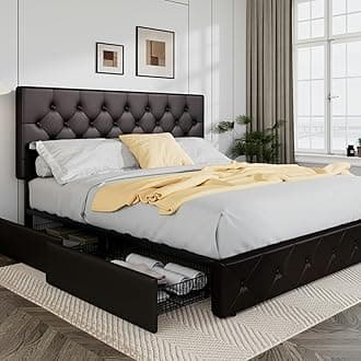 Allewie King Bed Frame with 4 Storage Drawers and Adjustable Height Headboard, Faux Leather Diamond Button Tufted Design, Mattress Foundation with Wooden Slats, No Box Spring Needed, Black-Brown