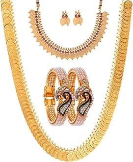 Zeneme Jewellery Set Gold Plated Pearl Studded Bangles Jewelry, Long Maharani Temple Coin Necklace, Short Red Green Necklace Set with Earring Jewellery for Women and Girl