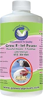 Growel Agrovet Grow E-Sel Power: Vitamin - E with Selenium and Biotin for Poultry, Cattle, Horses, Pigs, Goats, Sheep, Pigeons, and Birds - 500 ml.