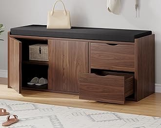 LVB 40” Entryway Storage Bench with Padded Seat Cushion, Wood Hidden Shoe Organizer Bench with 2 Drawers Cabinet, Industrial Shoe Bench for Foyer Entrance Living Bedroom, Walnut Oak, 40 inch