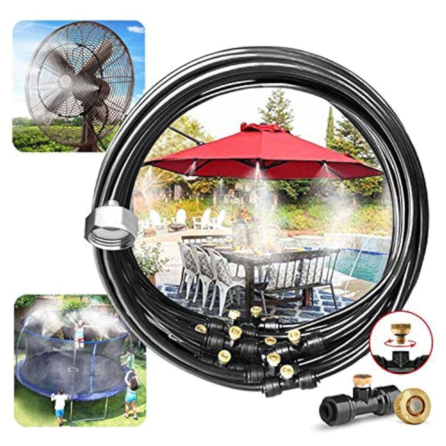 Pre-assembled Misting Kit, 59FT Misting Line + 21 Brass Mist Nozzles + Brass Adapter(3/4") Outdoor Mister for Patio, Garden, Greenhouse, Trampoline, Sprinkler