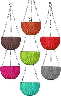 7.1" Plastic Rattan Hanging Basket/Hanging Pots with Metal Hanging Chain/Multicolored Hanging Planters- Set of 7 (Flowers Not Included)