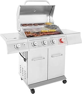 Royal Gourmet GA4402S 4 Burner Propane Gas Grill with Side Burner & Warming Rack, Stainless Steel Gas Grill with 54,000 BTUs Output for Barbecue Grilling & Backyard Cooking, Silver
