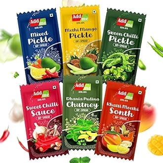 Add Me pickle pouch mango, green chilli, mixed pickles Dhaniya Pudina chutney, khatti meethi chatni, Sweet Chilli garlic sauce 12gm each | Combo Assorted Pack of 6x8 = 48 sachets (576gm)
