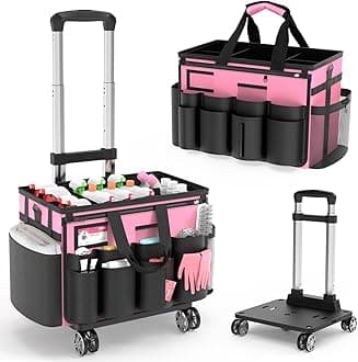Cleaning Caddy with Wheels - Rolling Cleaning Caddy Bag with Detachable Trolley, Cleaning Caddy for Cleaning Supplies, Cleaning Bag for Housekeeping, Pink