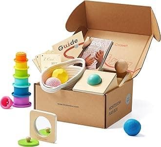 Tiny Land Montessori Toy Set for Babies 7-9 Months Senser Play Kit - 5-in-1 Wooden Learning Toys with Object Permanence Box, Sensory Ball, Stacking Cups and Mirror Puzzle,Body Board Book