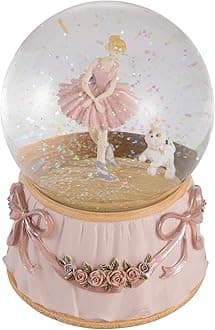 Ballerina Snow Globe Plays Greensleeves Music Ballet Dancing Girl with Puppy Rotating Mechanical and Musical Glass Snowglobe 4 Inches