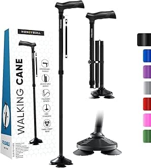 HoneyBull Walking Cane for Men & Women | Free Standing, Foldable, Pivot Tip [Black]