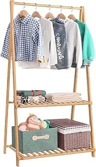 Jotsport Small Clothes Rack Kids Dress Up Storage for Playroom, Toddlers Bedroom, Bamboo Child Garment Rack with 2 Tier Storage Shelf, Kids Clothing Rack Costumes Organizer