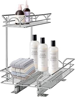 OCG 2 Tier Under Sink Pull Out Organizer (14" W x 21" D x 15.8" H), Under Sink Organizers and Storage for Kitchen Bathroom Cabinet, Chrome Finish