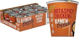 RAMEN EXPRESS Hot & Spicy Chicken Flavor Ramen Cup Noodle, 2.25 Oz Each (Pack Of 12) | Animal-free Ramen Noodles | All Plant-based | Made in U.S. with finest American flour