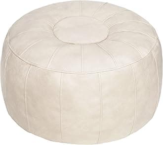 Thgonwid Unstuffed Moroccan Pouf Ottoman Cover - Handmade Round Faux Leather Foot Stool with Large Storage, Bean Bag Floor Chair & Foot Rest for Living Room, Bedroom, Balcony (Ivory White)