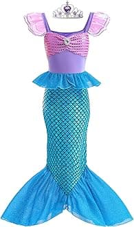 DanvrenMermaid Dress, Mermaid Tail Costume Little Girls Princess Dress up with Crown for Girl 3-8 Gift