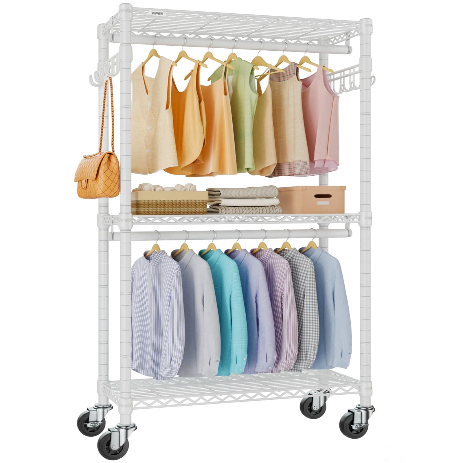 R2 Medium Heavy Duty Clothes Rack Rolling Clothing Rack Adjustable Metal Wire Shelving Portable Closets with Double Hanging Rods, Side Hooks, Freestanding Closet Racks Wardrobe, White