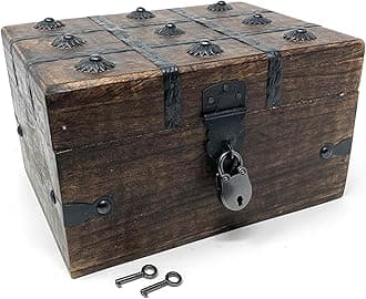 Nautical Cove Treasure Chest Wooden Box with Antique Iron Lock and Skeleton Key (Small 8x6x4.5) - Storage and Decor – Pirate Keepsake Chest, Decorative Storage Box with Hinged Lid