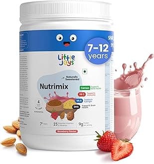 Little Joys Strawberry Nutrimix 7+ (350g) | 7-12 Years | Naturally Sweetened with Dates & Jaggery | With 23 Essential Vitamins & Minerals | 9g Protein per Serving | Supports Overall Health & Development | With Ragi, Bajra, Almonds & Oats | Strawberry Flavour Nutrition Drink Powder