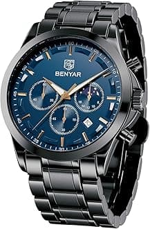 BENYAR AKNIGHT Watches Men Japanese Quartz Stainless Steel Leather Strap for Business Casual Sports Watches Waterproof Date Chronograph, silver/blue, Chronograph, Quartz Movement