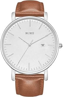 BUREI Men's Fashion Minimalist Wrist Watch Analog White Date with Brown Leather Band (Silver Brown)