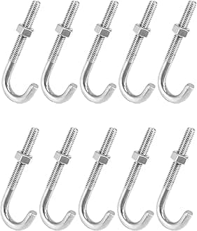 QWORK Steel J-Bolt 5/16" x 3" with Nut, 10 Pack Partial Thread Light Duty Anchor for Wood, Concrete & Metal Projects