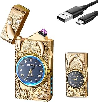 YOZWOO Electric Lighter USB Rechargeable Lighter Type-C Plasma Arc Lighters Windproof Cool Men's Clock Lighters with LED Lighting Gift for Boys and Girls (Gold)