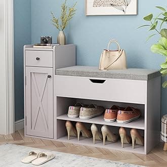 LoomieLoomie Shoe Storage Bench, 2-Tier Farmhouse Entryway Bench with Lift Top Storage Box, Drawer & Soft Removable Seat Cushion, Silm Shoe Rack with Shoe Cabinet for Entryway, Hallway, Bedroom, Light Grey