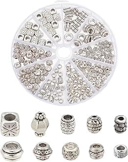 NBEADS 196 Pcs 10 Styles Antique Silver Spacer Beads, Tibetan Style Alloy Beads Mixed Shape Jewelry Loose Beads for Metal Beads Bracelet Necklace Earring Jewelry Making