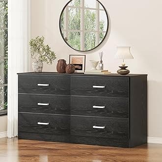 Wood Dresser for Bedroom, 6 Drawer Double Dresser, Modern Chest of Drawers with Deep Drawers, Large Storage Organizer for Living Room, Closet (Black)