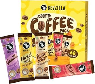 Bevzilla 60 Instant Coffee Sachets (4 Flavours) – 120g | Hazelnut, Classic, Vanilla & Butterscotch | 15 sachets each | Arabica Coffee | Perfect for hot & cold drinks