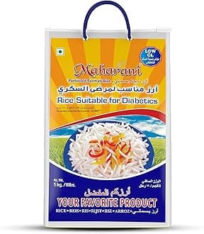 Maharani Parboiled Basmati Rice • Low GI • Rice Suitable for Diabetics, 176.37 oz ℮ 11.02 lbs ℮ 5 kg أرز بسمتي مسلوق مهراني مسلوق - منخفض المؤشر الجلايسيمي - أرز مناسب لمرضى السكري