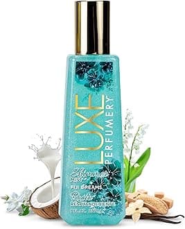Luxe Perfumery Fiji Dreams Shimmer Body Mist – Body Glitter Spray with Coconut, Lily of the Valley & Vanilla Orchid Notes, Radiant Glow Shimmer Spray for Women, Gift for Her, Made in USA, 8 fl oz