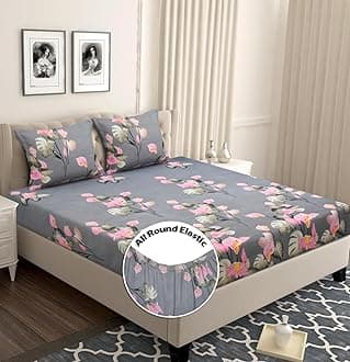 BSB HOME Premium Cotton Elastic Fitted Bedsheets with 2 King Size Pillow Covers | Double Bed with All Around Elastic 180 TC Supersoft | Size - 72 King Sizex78+10 inches | Pink & Grey