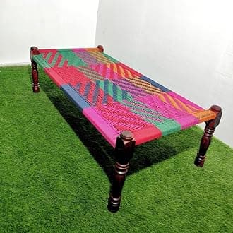 Solid Sheesham Wood Charpai Khat Bed | Wooden Khatiya Charpai Desi | Handcrafted Khatiya Bed with Cotton Rope | Strong Khat for Indoor & Outdoor Use | 6X3 Feet | Purple-Multi
