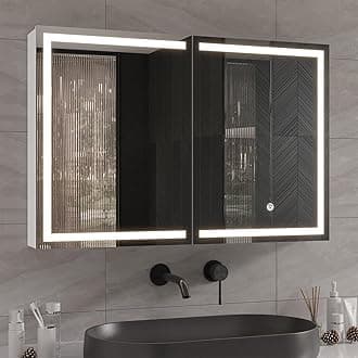 DICTAC Medicine Cabinet with Mirror and LED Light, Wall Mounted Bathroom Mirror with Storage, 3 Doors Bathroom Wall Cabinet, Memory Dimmable 3 Color Temp, Adjustable Shelves, 35.4''x23.6''