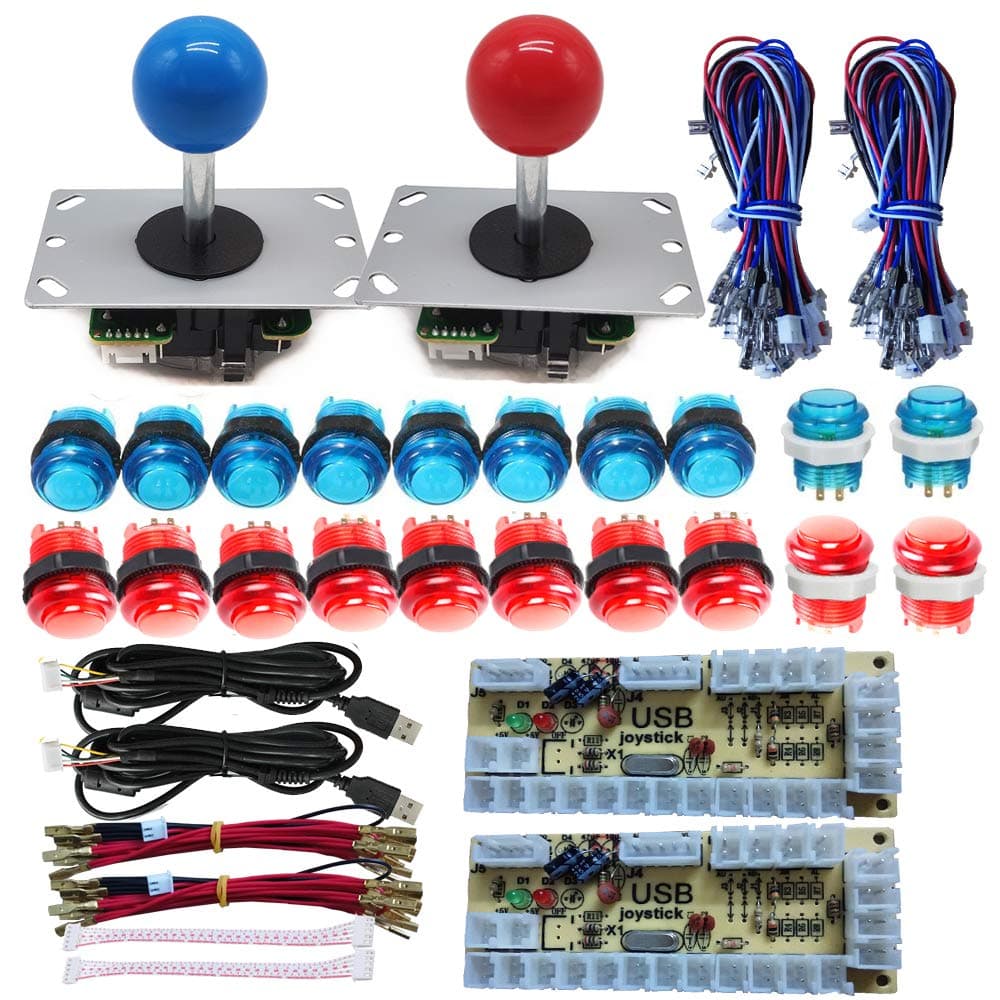 Arcade DIY LED Kit with Zero Delay USB Encoder to PC Arcade Games 8 Way Joystick + 5V LED Illuminated Arcade Push Buttons (Red and Blue)