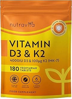 Vitamin D3 4000 iu & Vitamin K2 100μg (MK7) – 180 Vegetarian Tablets – 6 Month Supply - High Strength Vitamin D Supplement for Bones, Muscles & Immune System – Nutravita